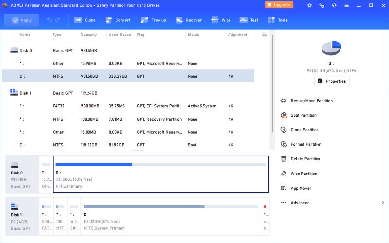 Tính năng vượt trội của AOMEI Partition Assistant Standard